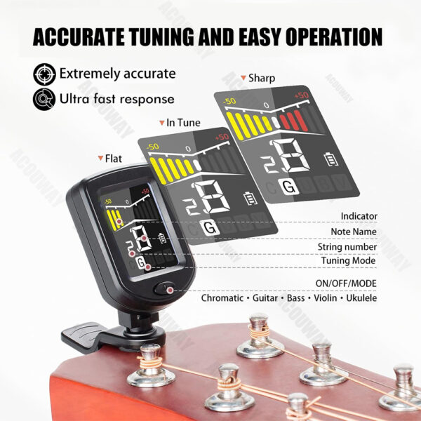 main-3 ACOUWAY Guitar Tuner Rechargeable Chromatic Digital Tuner With Color LCD Display String Instrument Accessories For Guitar Ukulele Violin Bass Mandolin