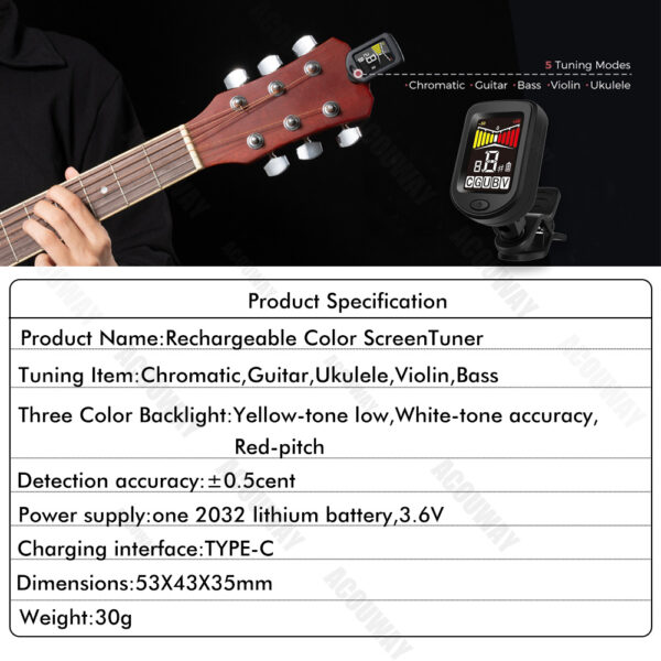 main-7 ACOUWAY Guitar Tuner Rechargeable Chromatic Digital Tuner With Color LCD Display String Instrument Accessories For Guitar Ukulele Violin Bass Mandolin