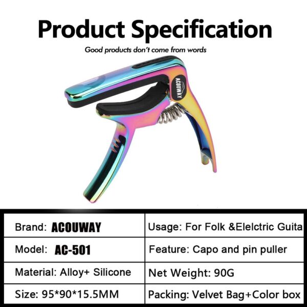 ACOUWAY Guitar Capo with Pick Slot Metal Guitar Key Clamp for Acoustic electric Guitar With pin puller function including a pc free pick