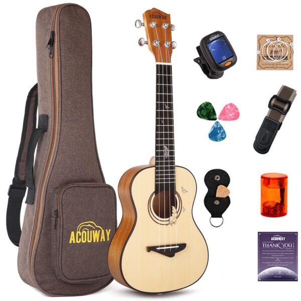 Acouway Concert Ukulele Solid Spruce Top 24 Inch Ukelele Set for adults with Free 12MM Gig Bag Strap