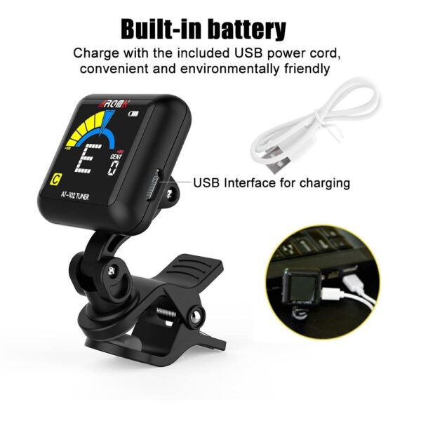 Aroma Guitar Tuner AT-102 Rechargeable Clip-on Tuner With Built-in Battery USB For Guitar Ukulele